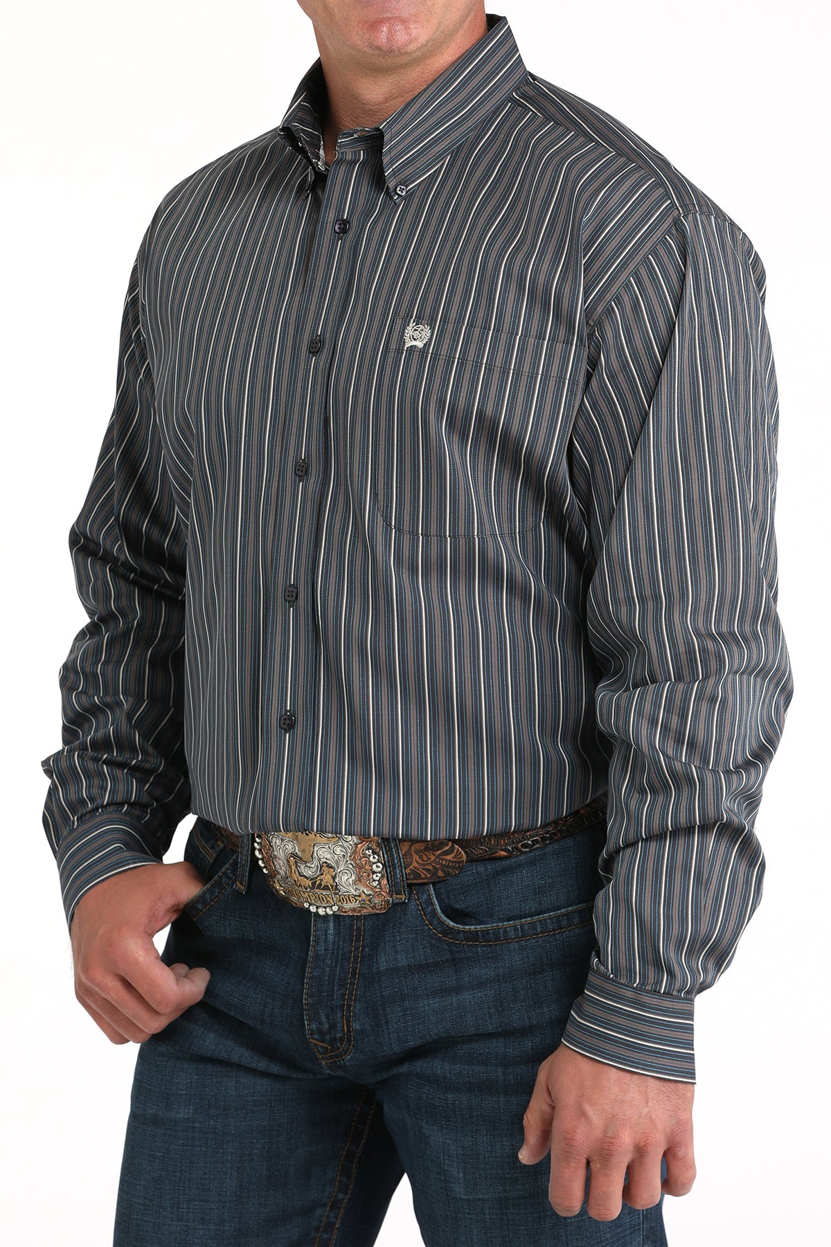 Man wearing a black and gray striped shirt with a belt buckle on a white background