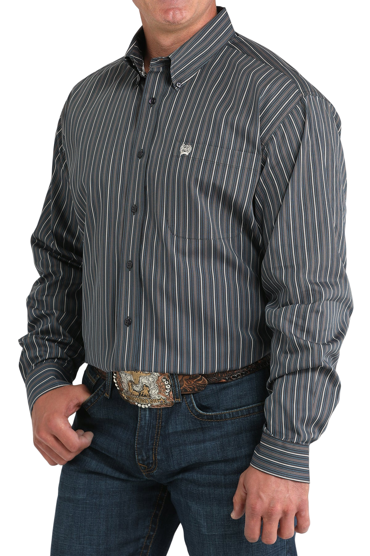 Man wearing a black striped button-up shirt and blue jeans on a white background
