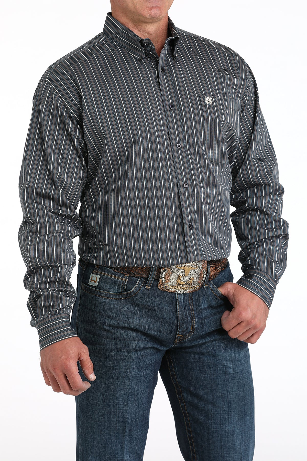 Man wearing a striped shirt and jeans on a white background