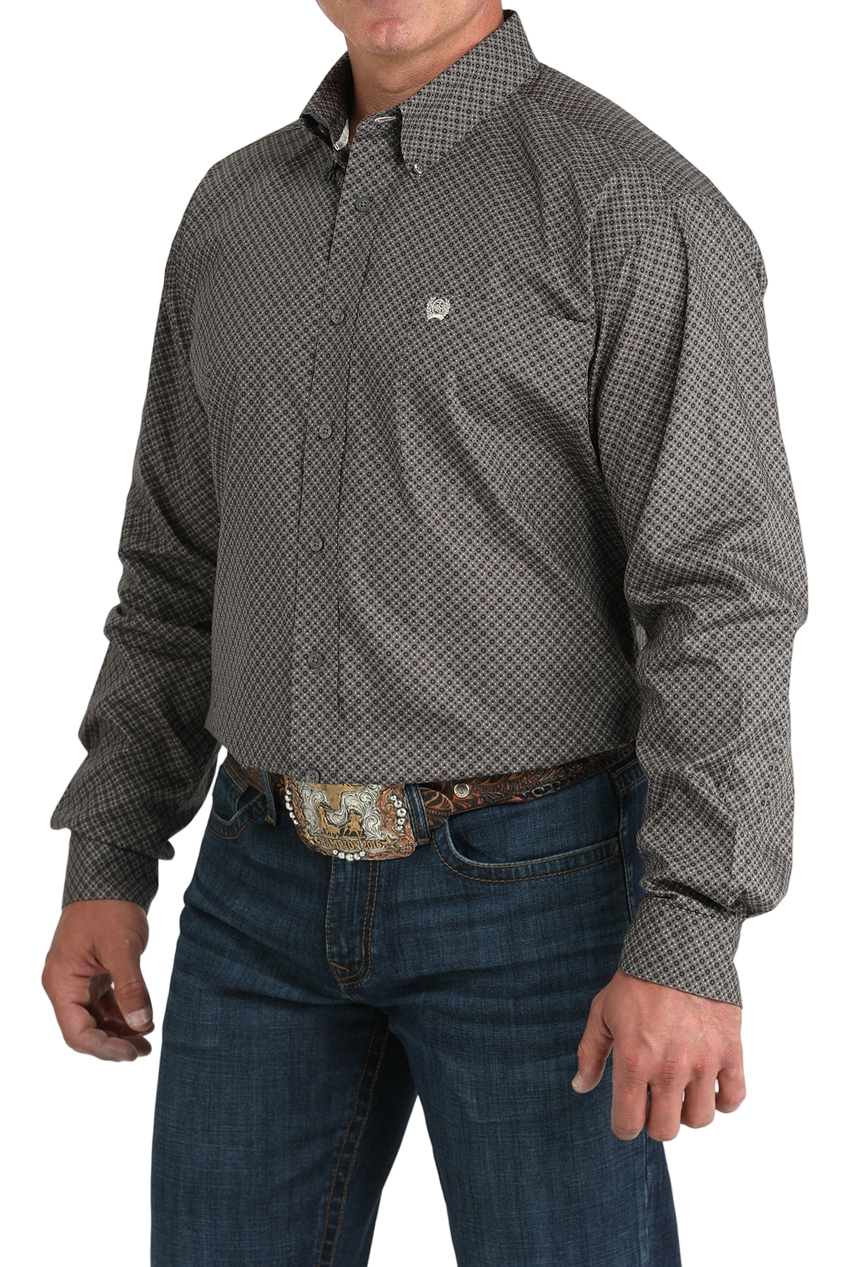 Man wearing a patterned gray long sleeve button-down shirt and jeans on a transparent background