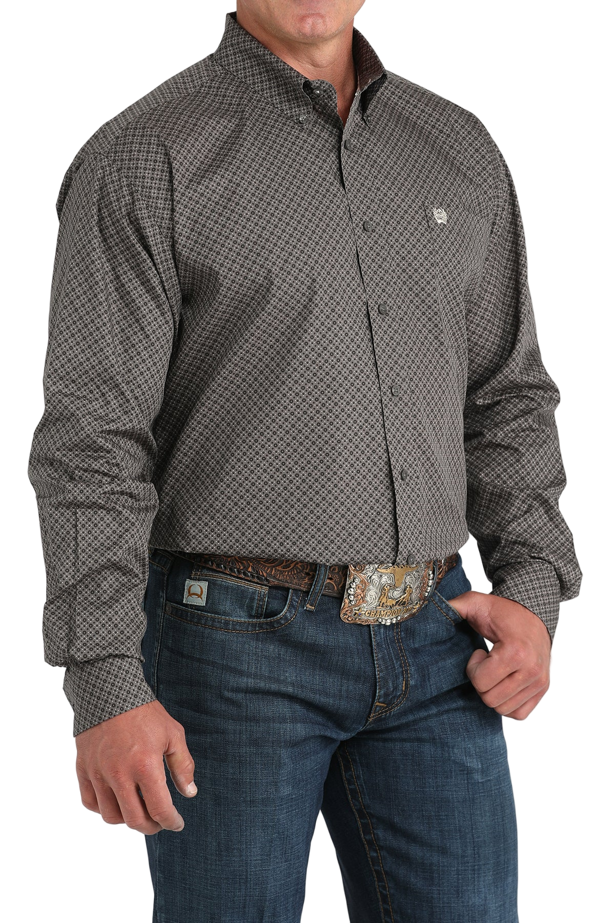 Man wearing a patterned gray long sleeve button-down shirt and jeans on a transparent background
