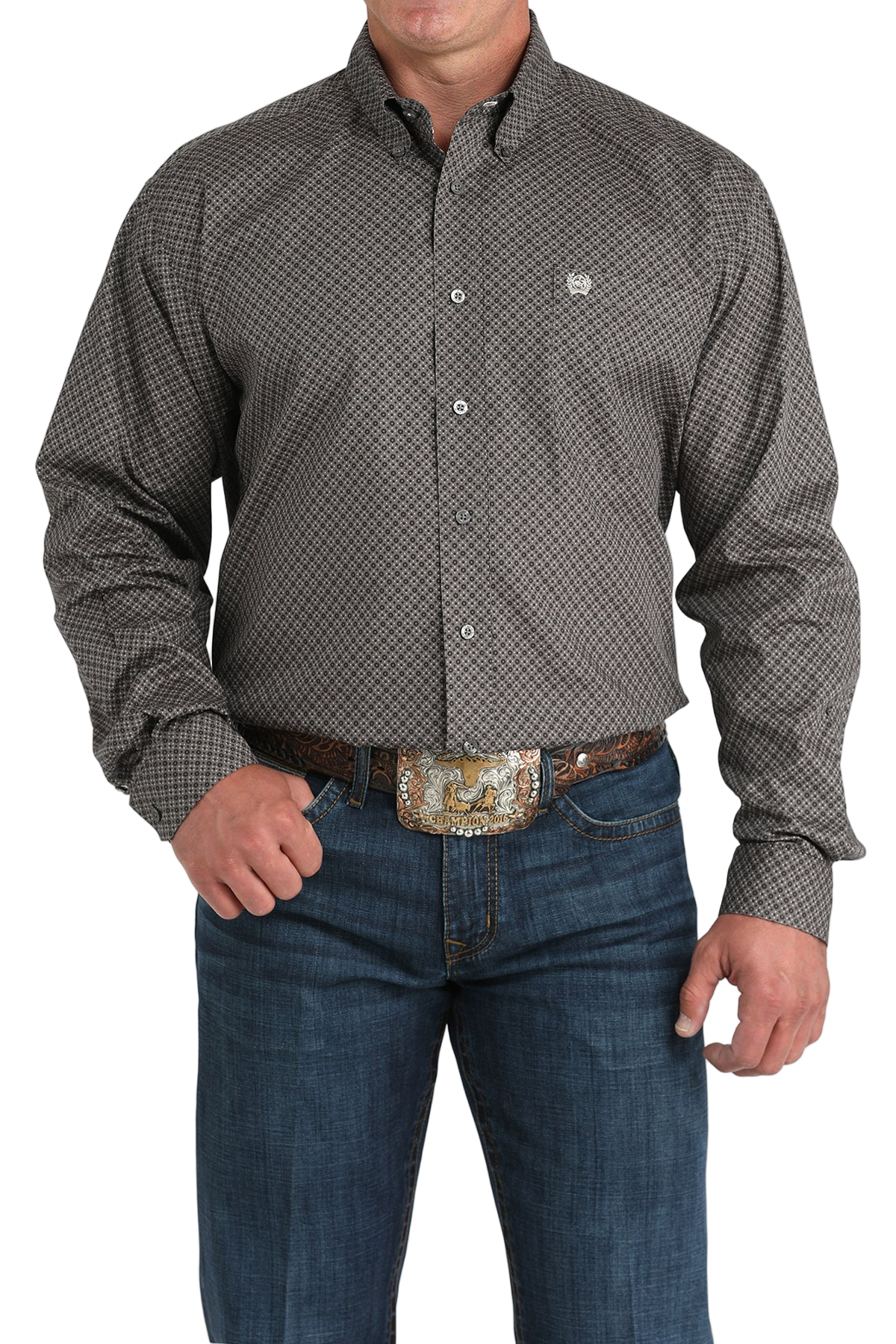Man wearing a patterned gray long sleeve button-down shirt and jeans on a transparent background