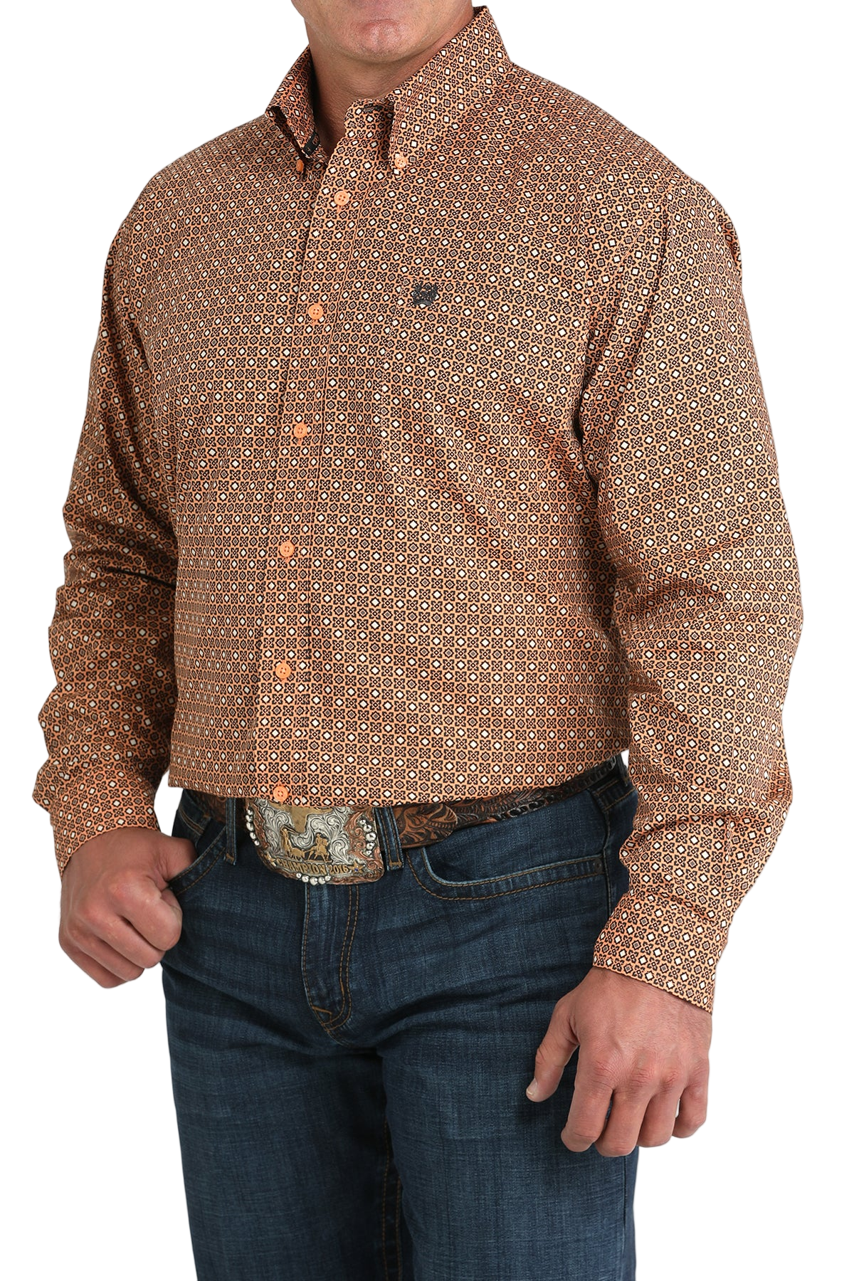 Man wearing a patterned brown long sleeve button-down shirt and jeans on a transparent background