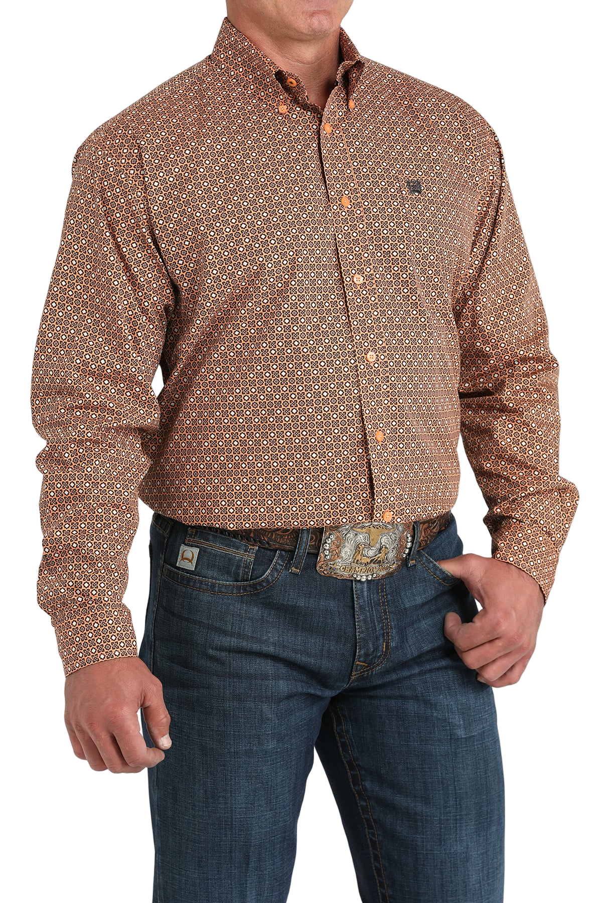 Man wearing a patterned brown long sleeve button-down shirt and jeans on a transparent background