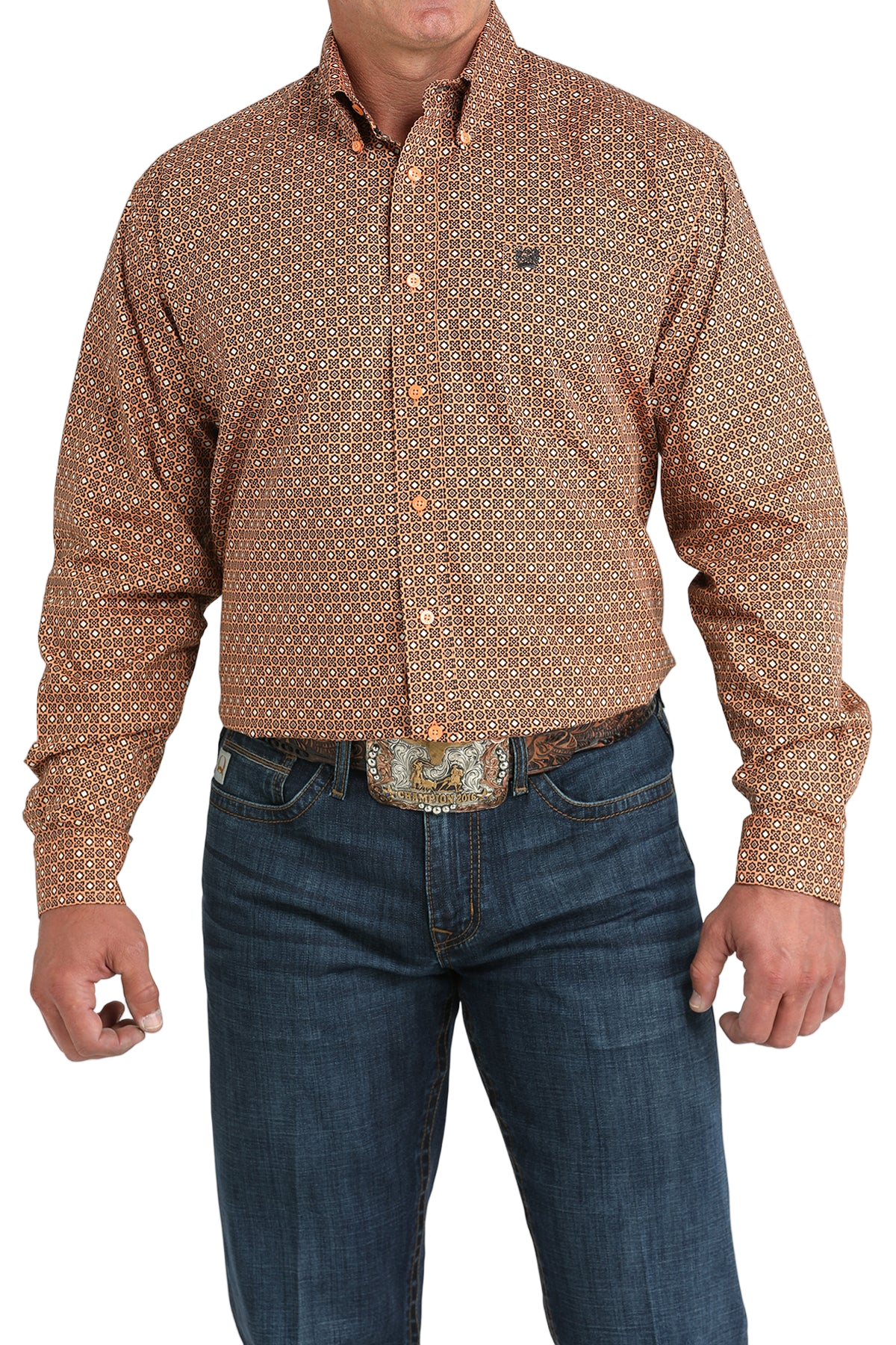 Man wearing a patterned brown long sleeve button-down shirt and jeans on a transparent background