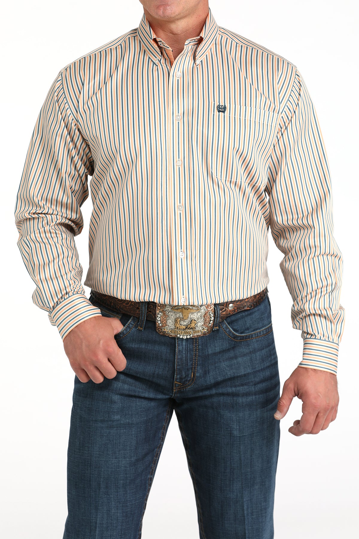 Man wearing a striped shirt and jeans on a white background