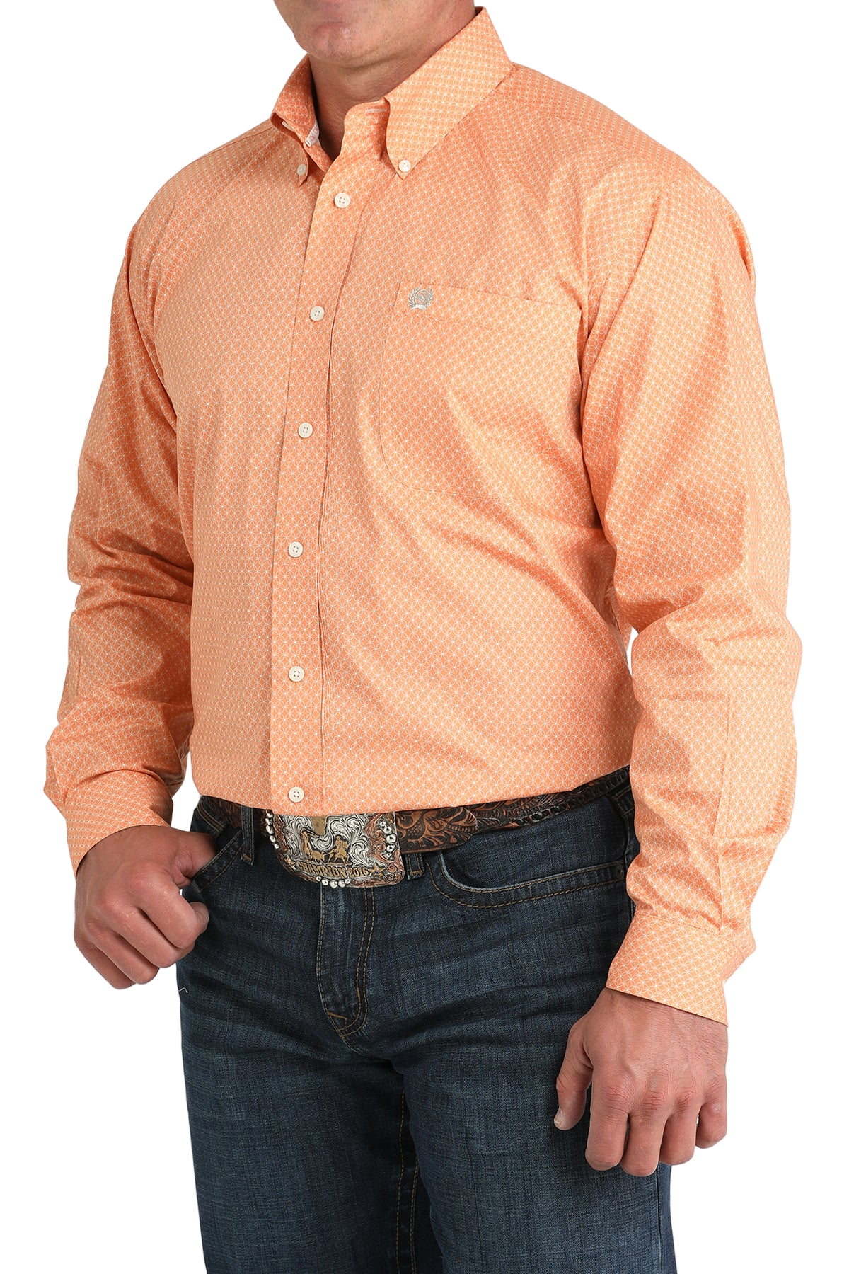 Man wearing a patterned orange long sleeve button-down shirt and jeans on a transparent background