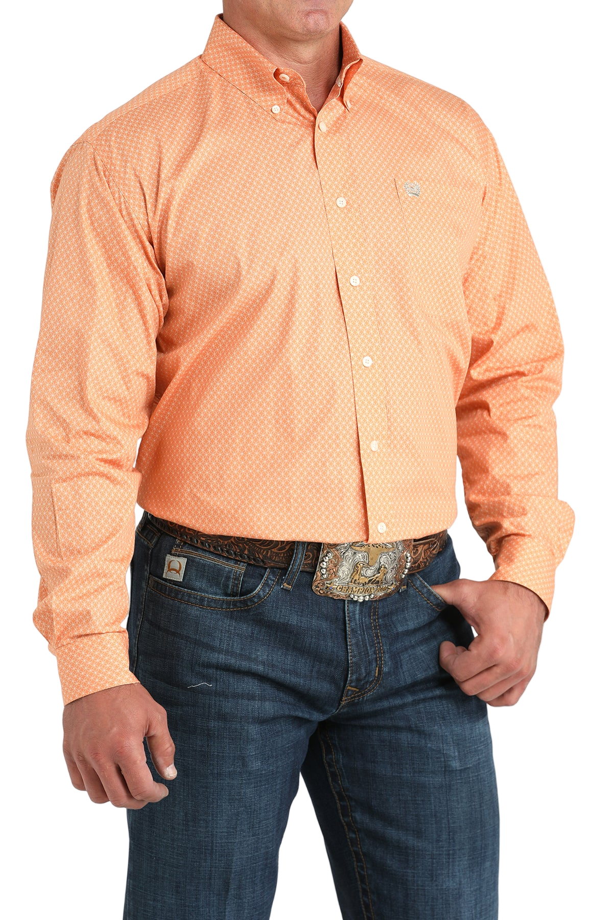 Man wearing a patterned orange long sleeve button-down shirt and jeans on a transparent background