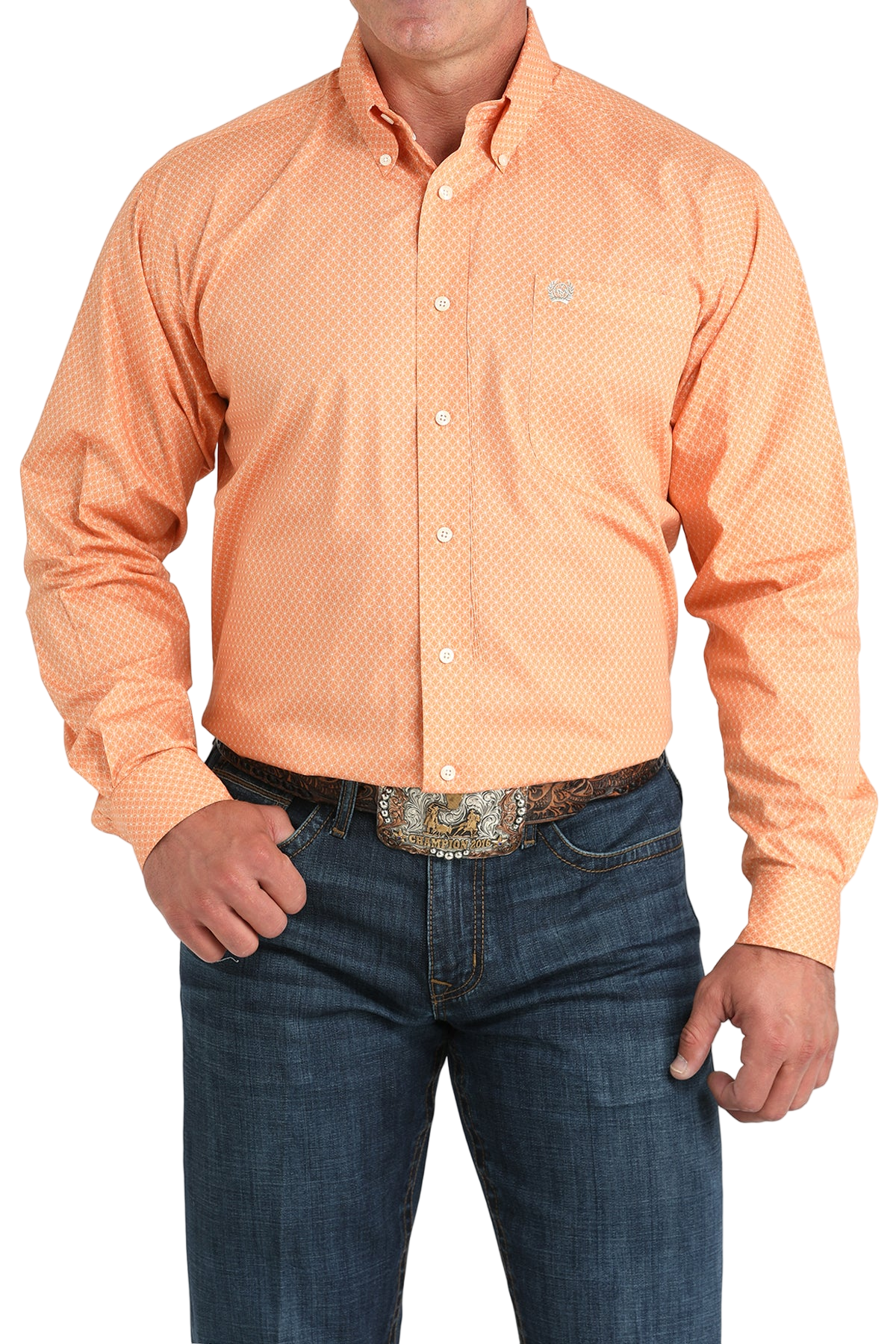 Man wearing a patterned orange long sleeve button-down shirt and jeans on a transparent background