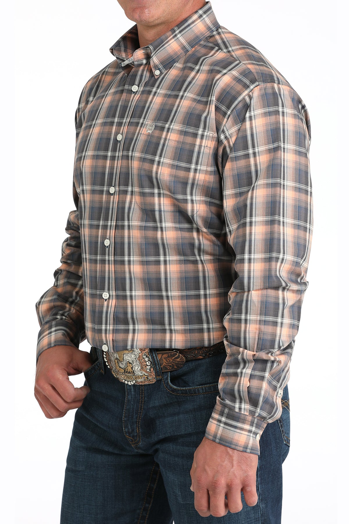 Plaid shirt worn by a person on a white background
