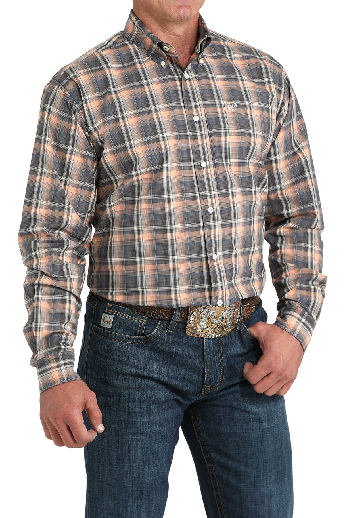 Man wearing a patterned multi-color long sleeve button-down shirt and jeans on a transparent background