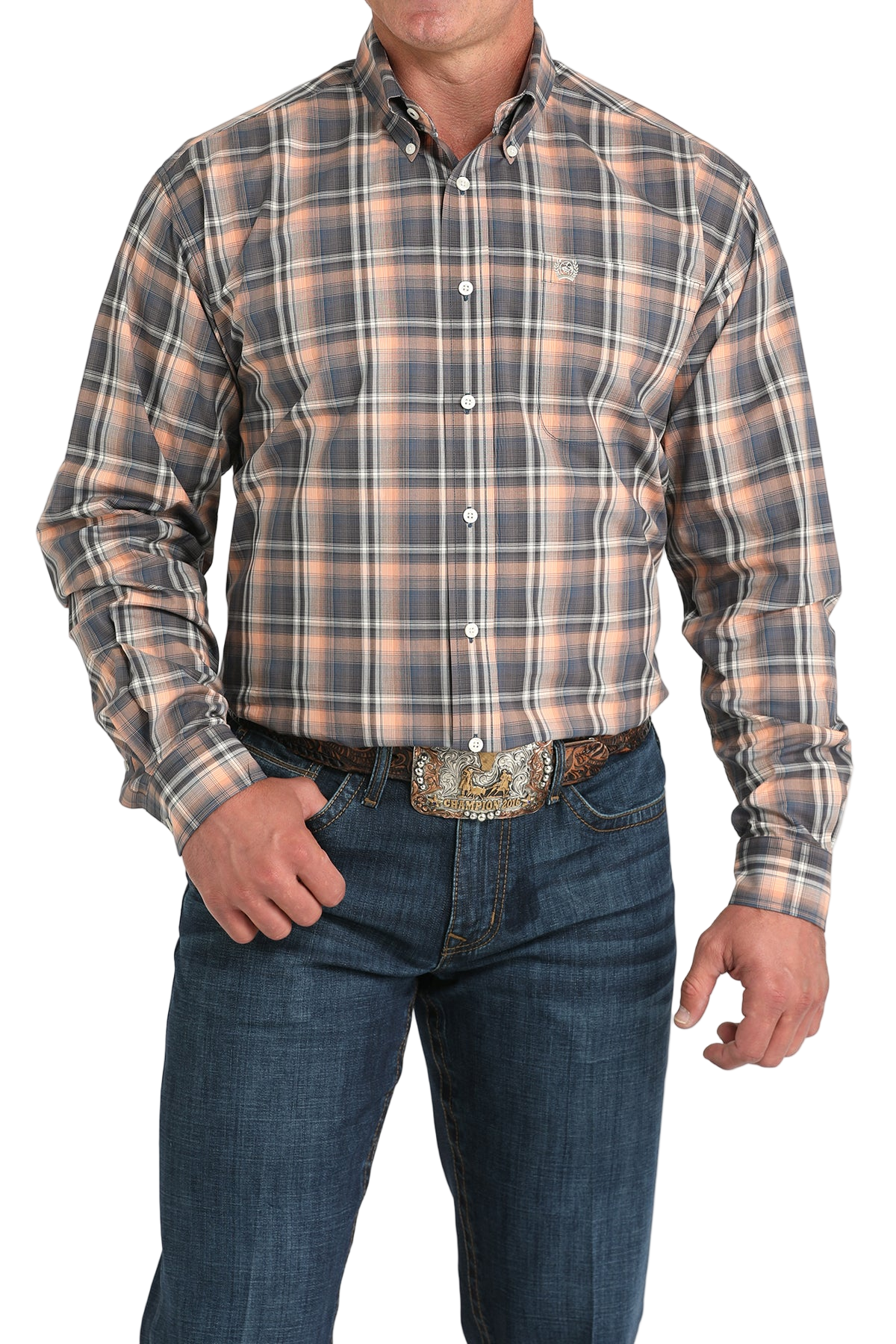 Man wearing a patterned multi-color long sleeve button-down shirt and jeans on a transparent background