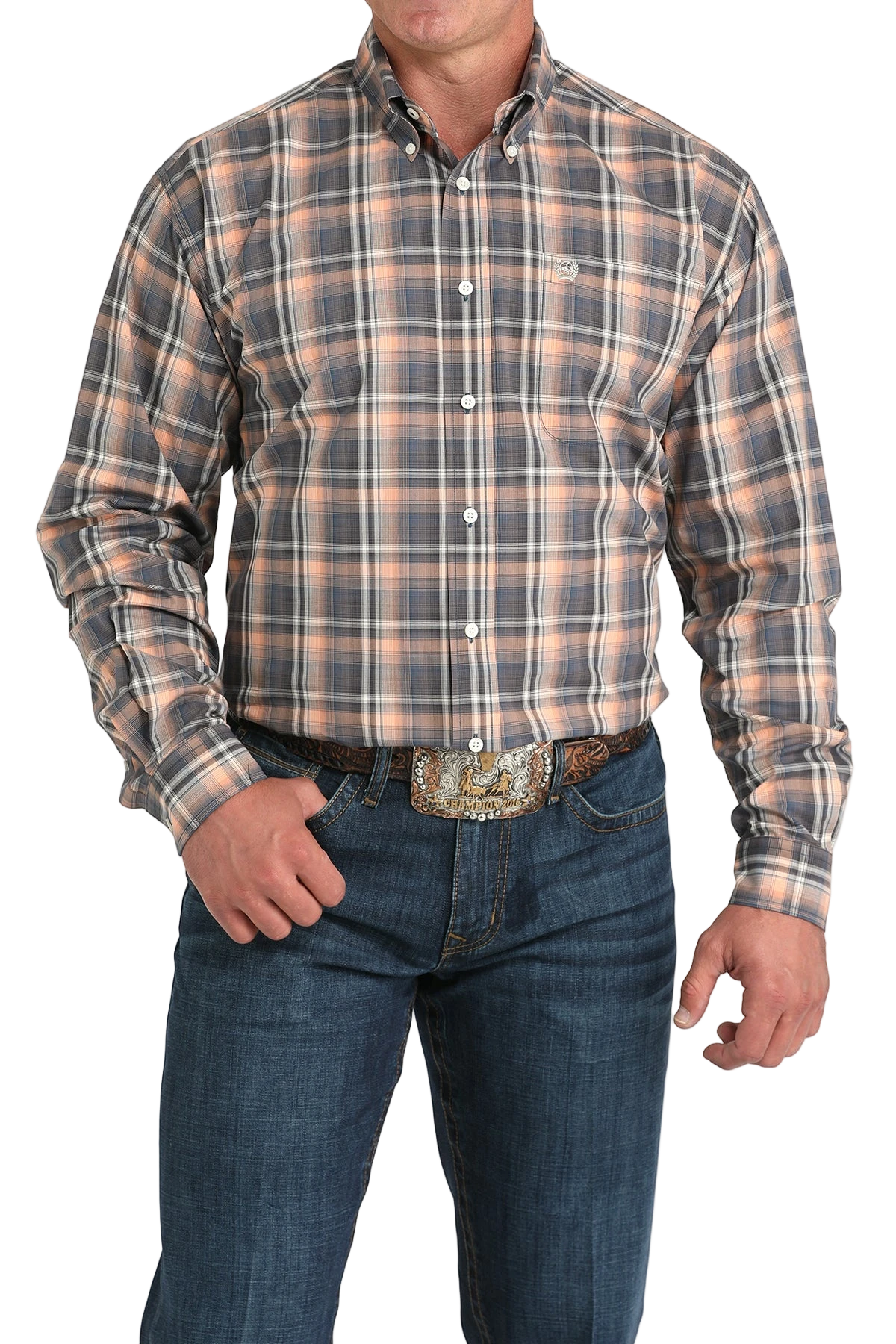 Man wearing a patterned multi-color long sleeve button-down shirt and jeans on a transparent background