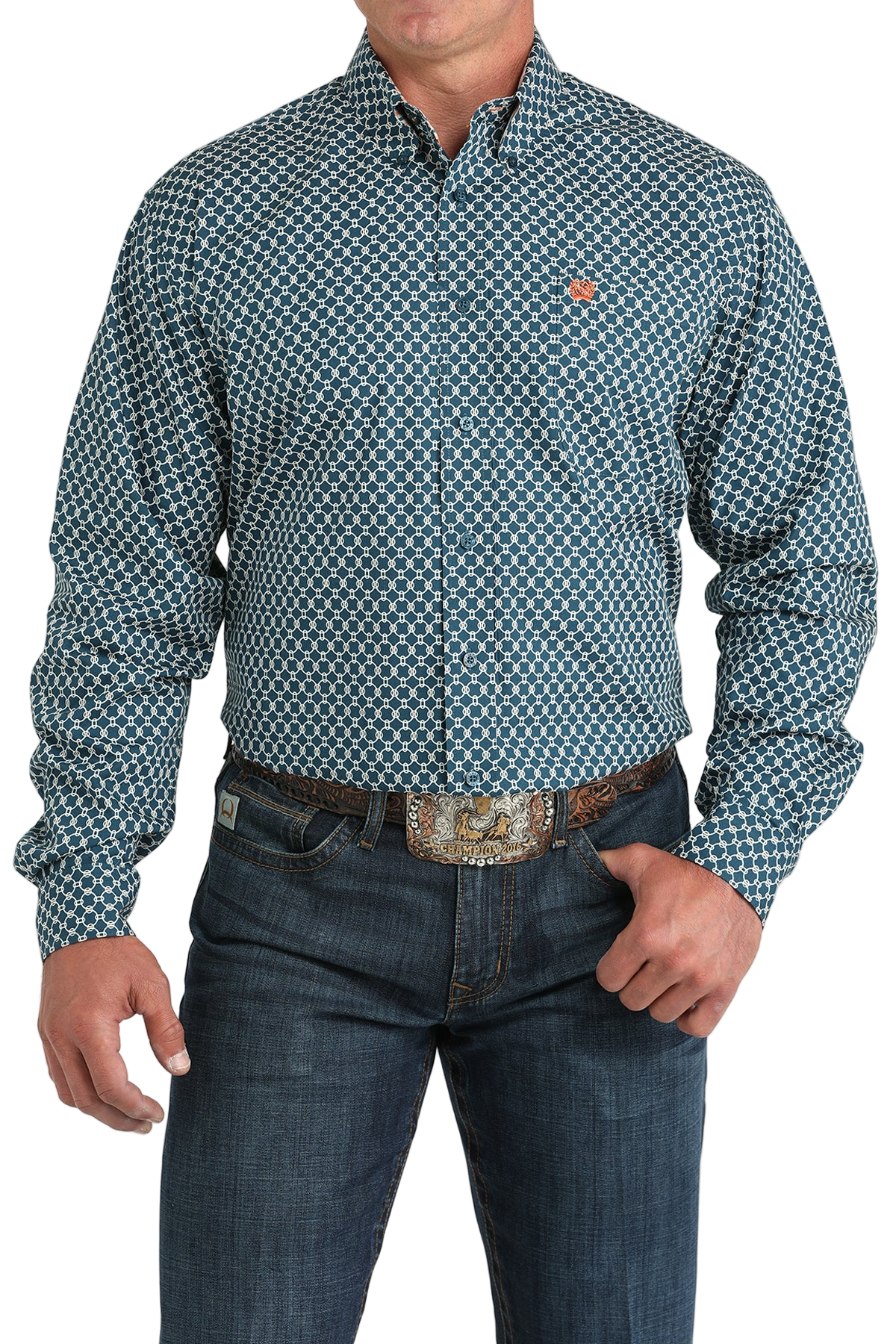 Man wearing a patterned teal long sleeve button-down shirt and jeans on a transparent background