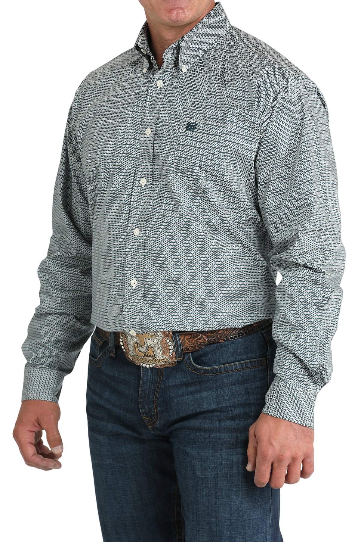 Man wearing a patterned gray long sleeve button-down shirt and jeans on a transparent background