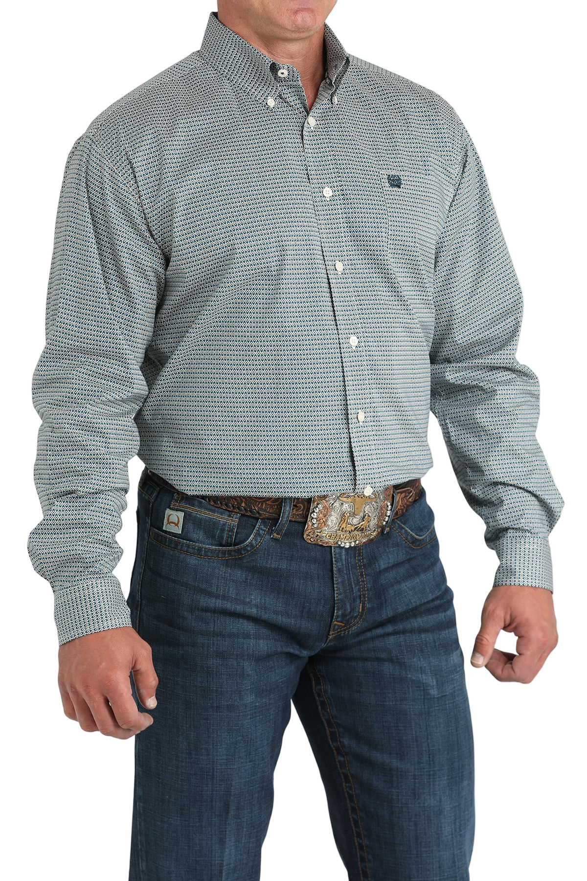 Man wearing a patterned gray long sleeve button-down shirt and jeans on a transparent background