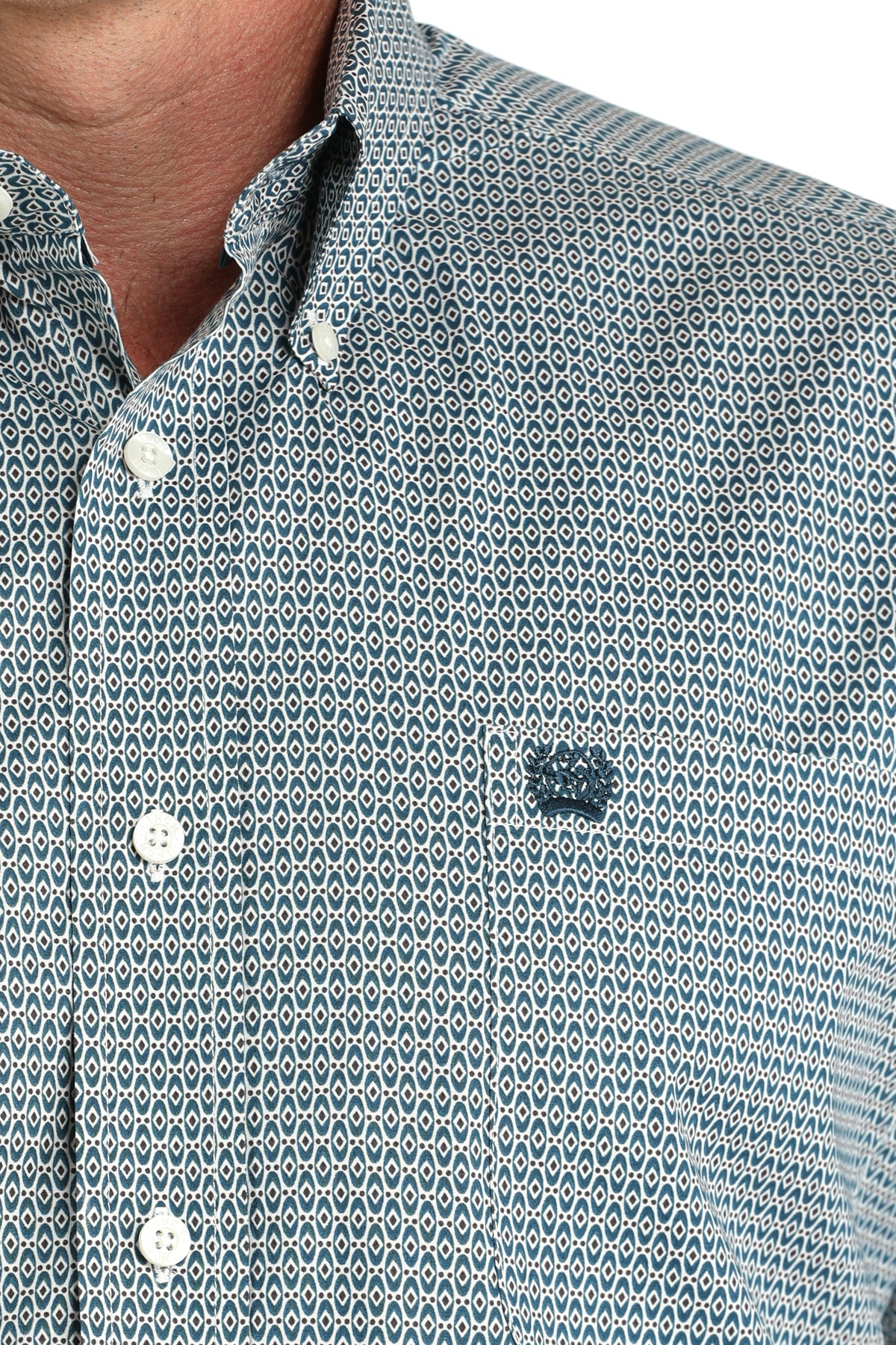 Close-up of a patterned shirt with a collar and buttons.