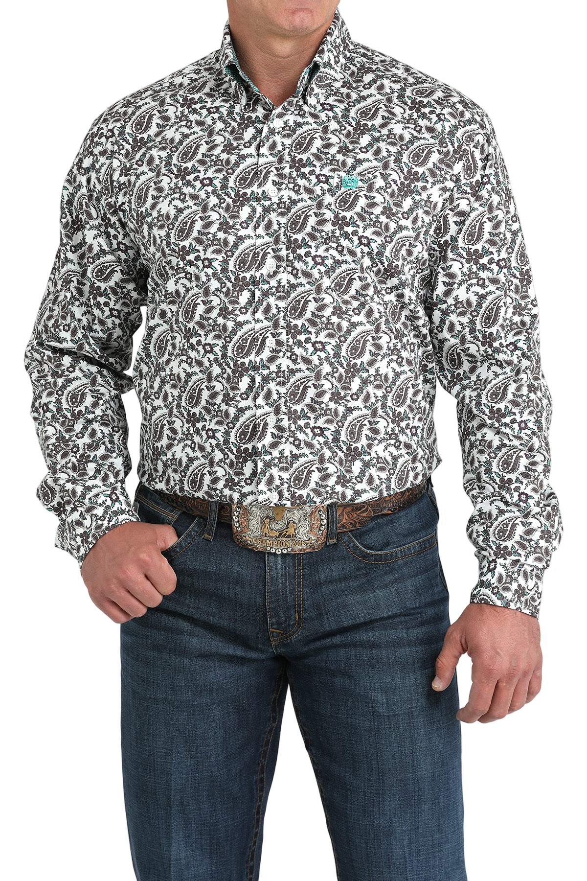 Man wearing a patterned multi-color long sleeve button-down shirt and jeans on a transparent background