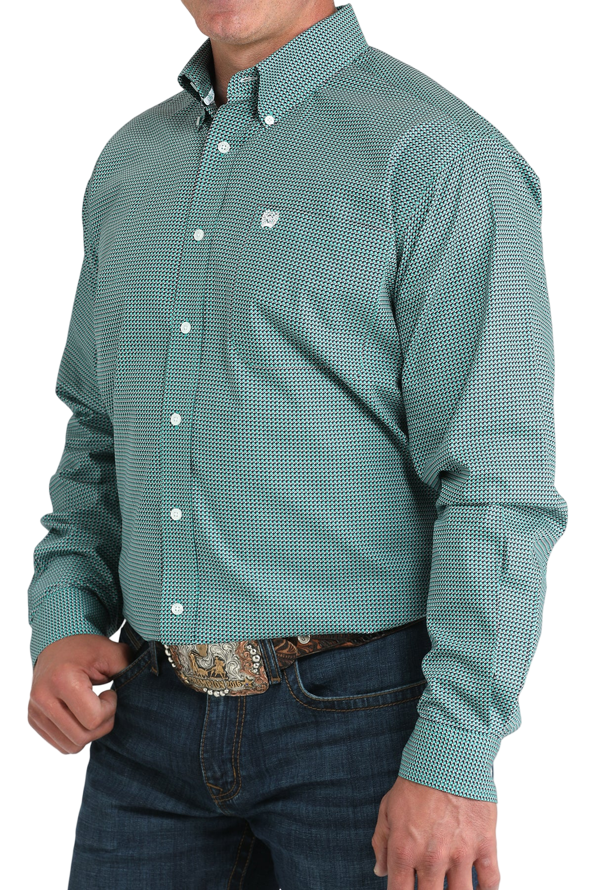 Man wearing a patterned teal long sleeve button-down shirt and jeans on a transparent background
