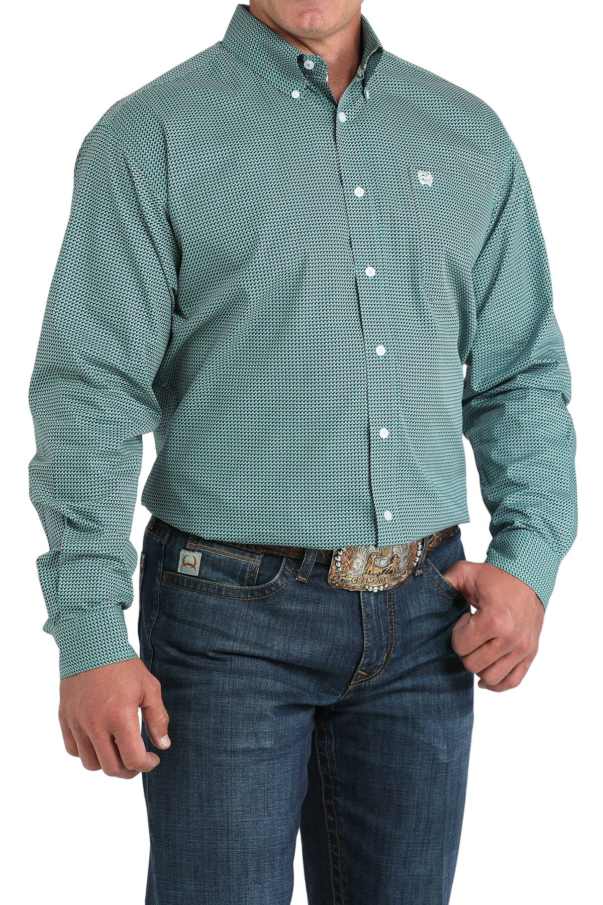 Man wearing a patterned teal long sleeve button-down shirt and jeans on a transparent background