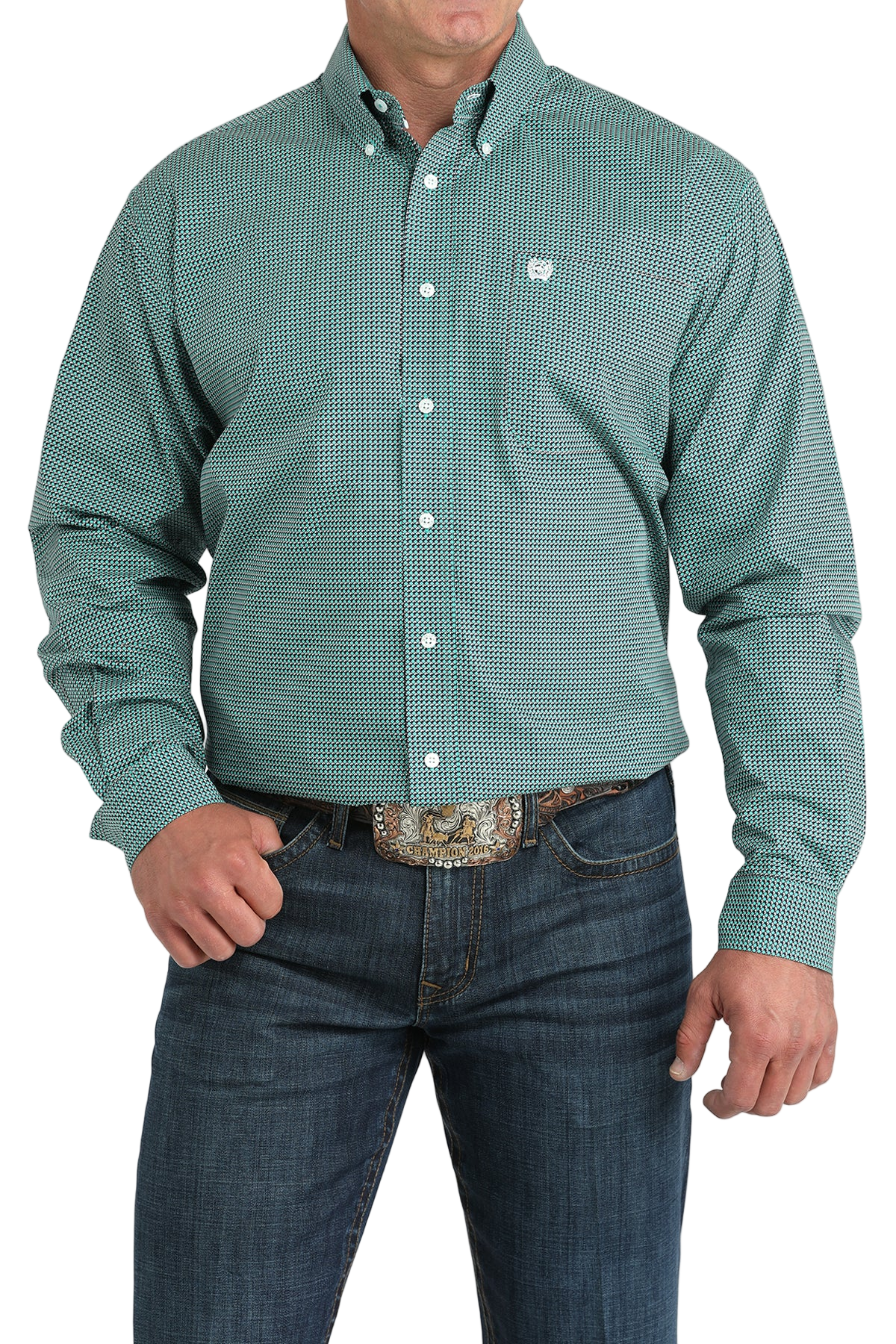 Man wearing a patterned teal long sleeve button-down shirt and jeans on a transparent background