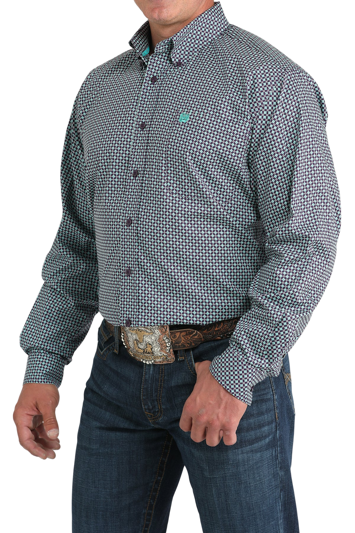 Man wearing a patterned blue long sleeve button-down shirt and jeans on a transparent background