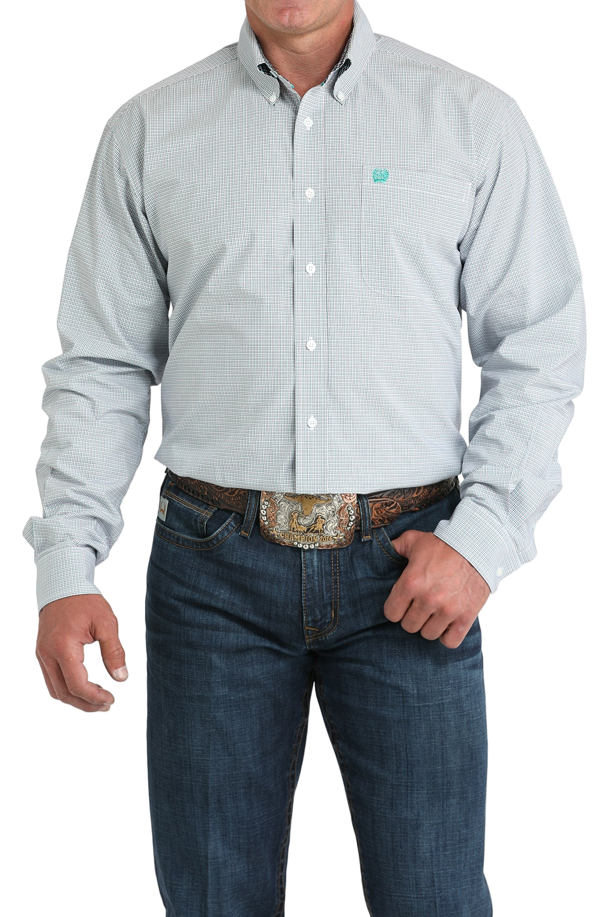 Man wearing a patterned light blue long sleeve button-down shirt and jeans on a transparent background