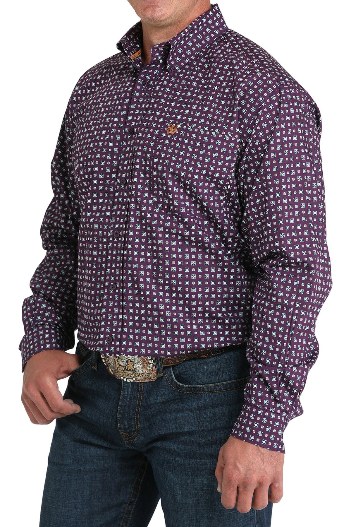 Man wearing a patterned purple long sleeve button-down shirt and jeans on a transparent background