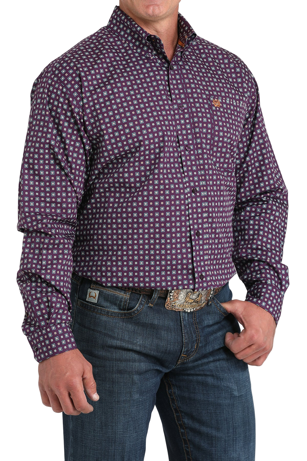 Man wearing a patterned purple long sleeve button-down shirt and jeans on a transparent background