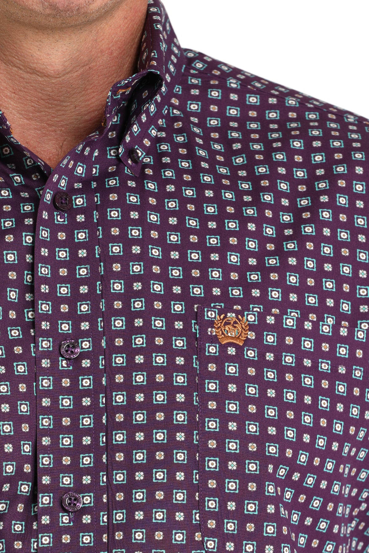 Close-up of a man wearing a checkered purple long sleeve button-down shirt