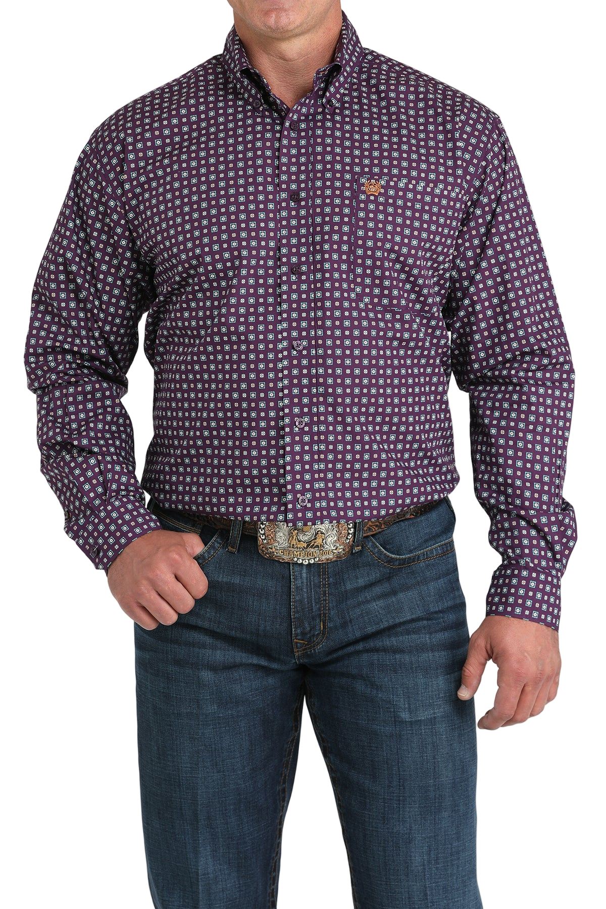 Man wearing a patterned purple long sleeve button-down shirt and jeans on a transparent background