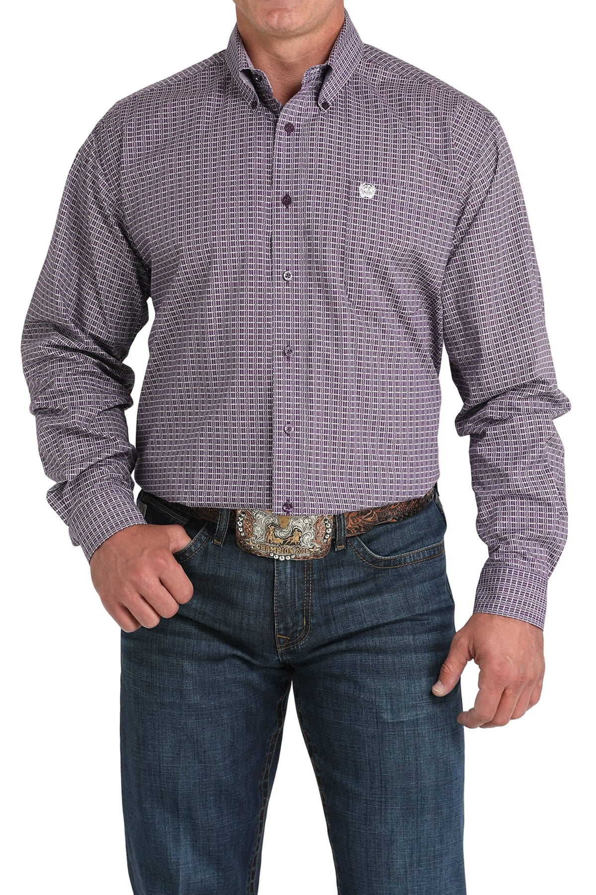 Man wearing a patterned purple long sleeve button-down shirt and jeans on a transparent background