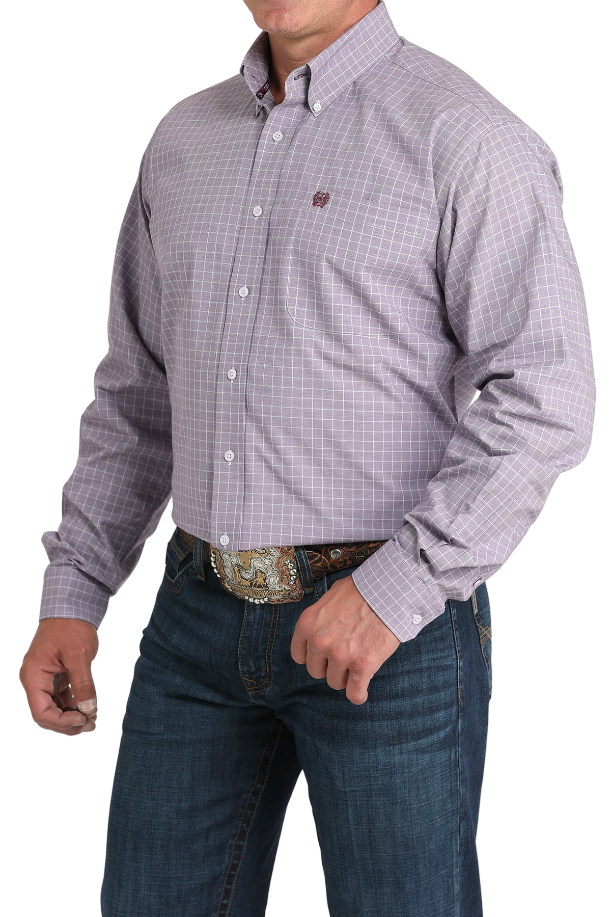 Man wearing a patterned light purple long sleeve button-down shirt and jeans on a transparent background