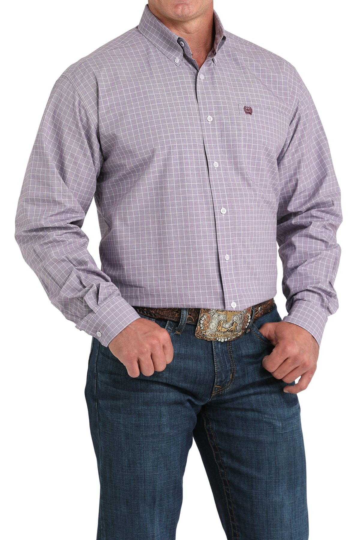 Man wearing a patterned light purple long sleeve button-down shirt and jeans on a transparent background