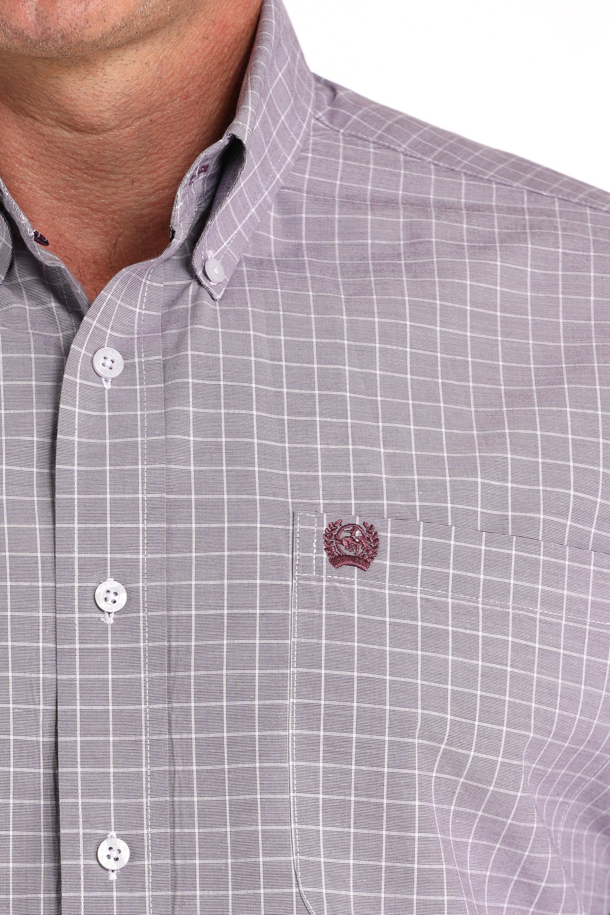 Close-up of a man wearing a plaid purple long sleeve button-down shirt