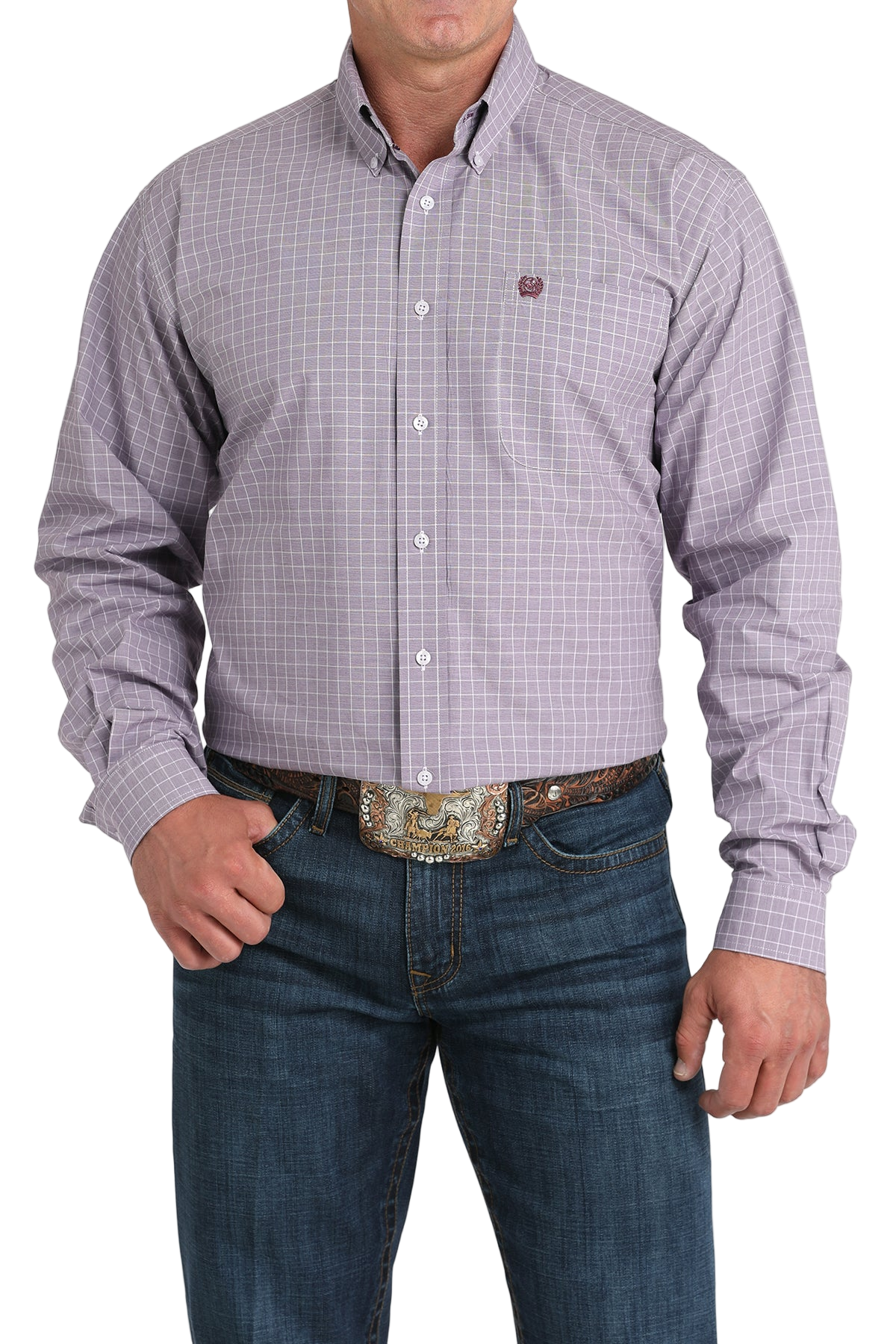 Man wearing a patterned light purple long sleeve button-down shirt and jeans on a transparent background