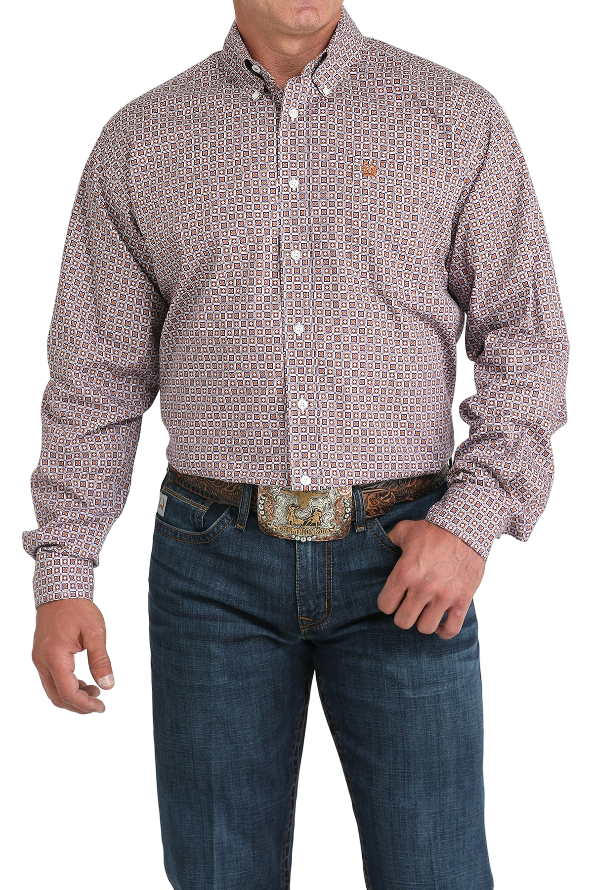 Man wearing a patterned maroon long sleeve button-down shirt and jeans on a transparent background