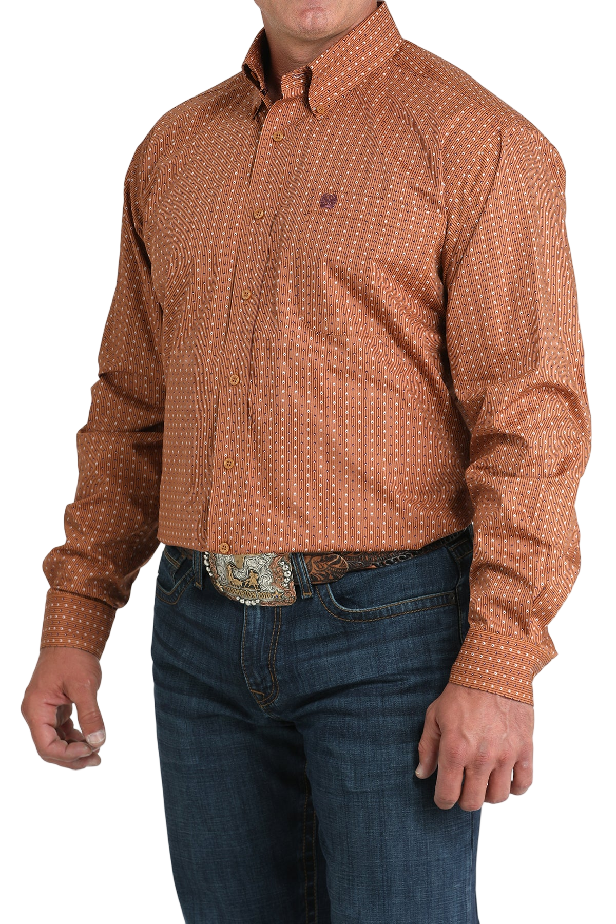 Man wearing a patterned orange long sleeve button-down shirt and jeans on a transparent background