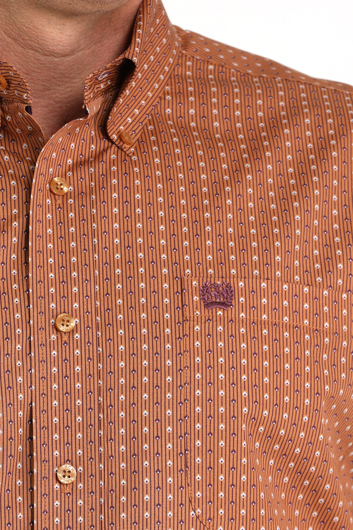 Close-up of a man wearing a brown long sleeve button-down