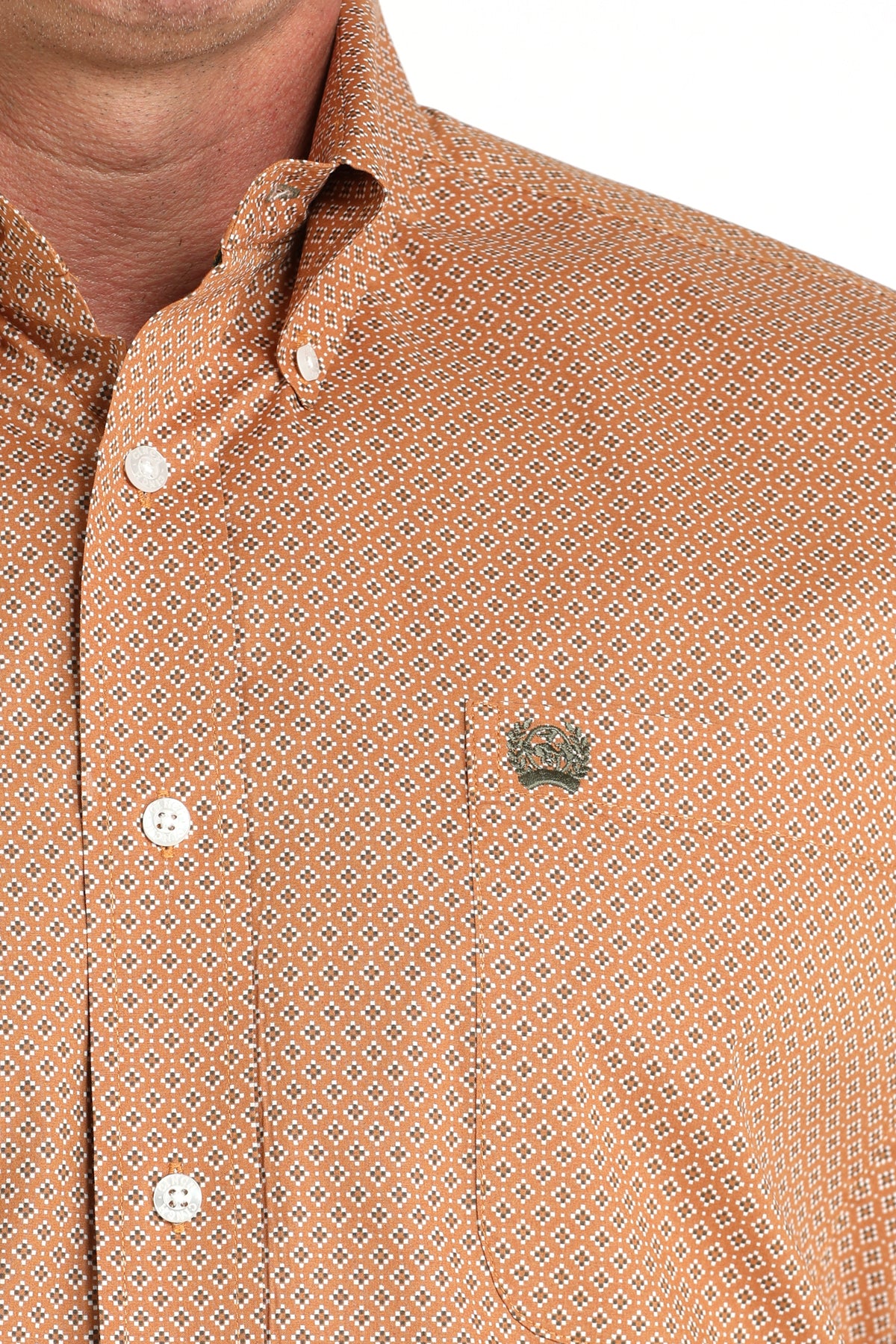 Close-up of a man wearing a brown long sleeve button-down