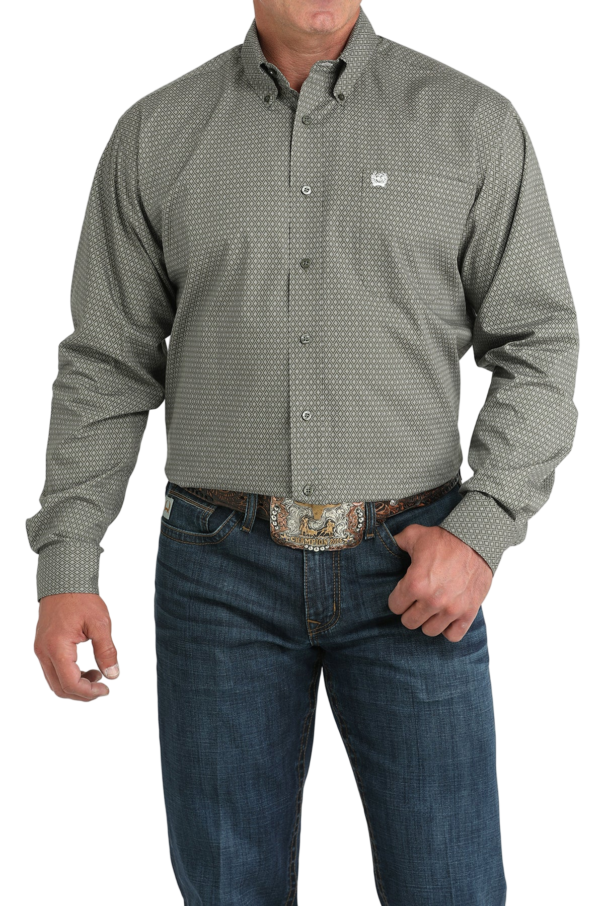 Man wearing a patterned gray long sleeve button-down shirt and jeans on a transparent background