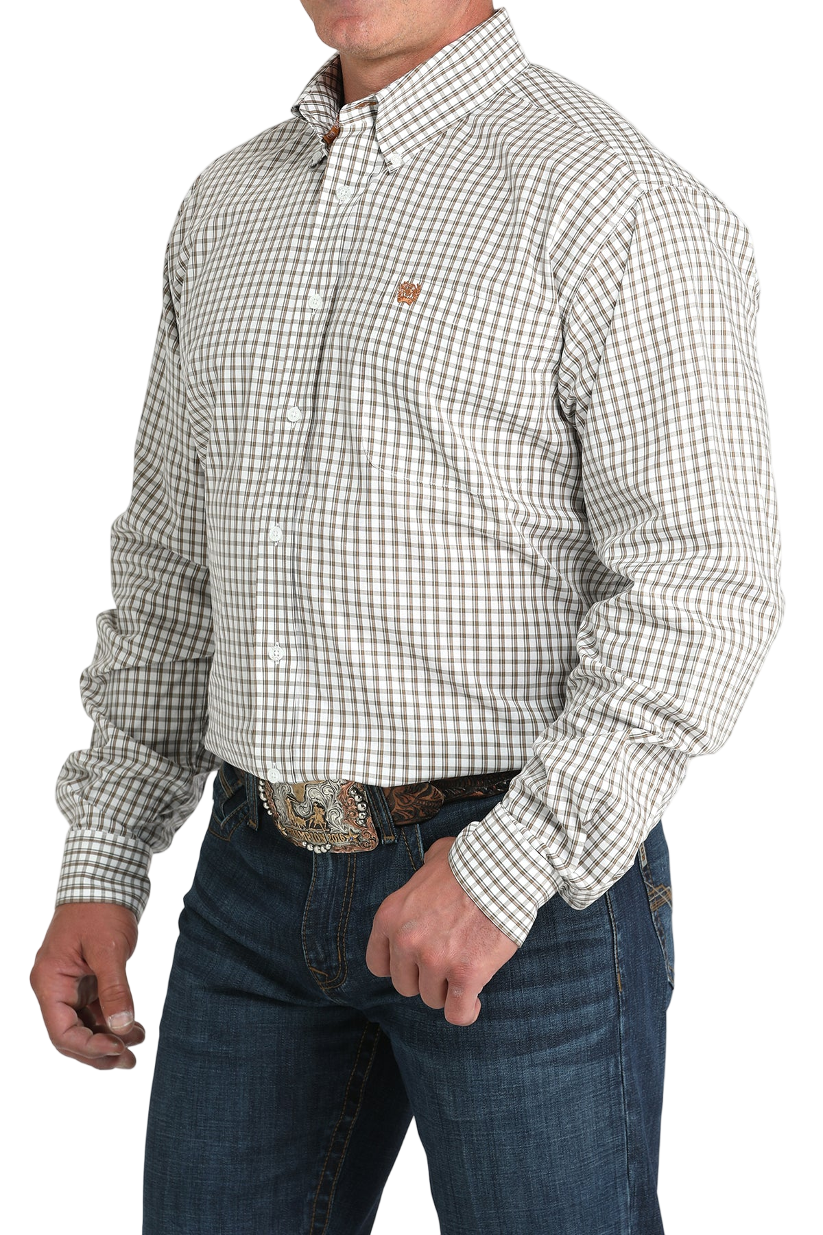 Man wearing a patterned white long sleeve button-down shirt and jeans on a transparent background