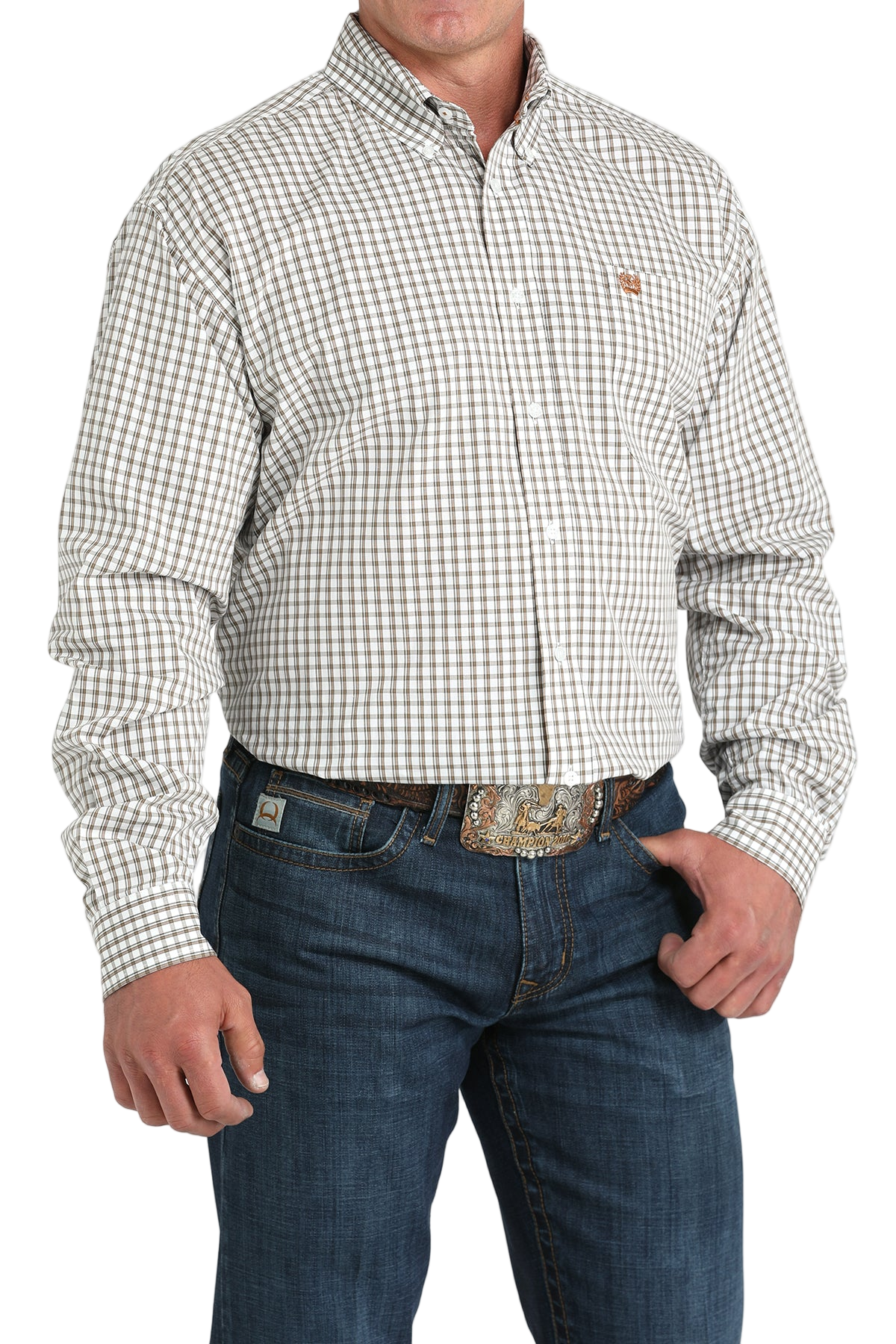 Man wearing a patterned white long sleeve button-down shirt and jeans on a transparent background