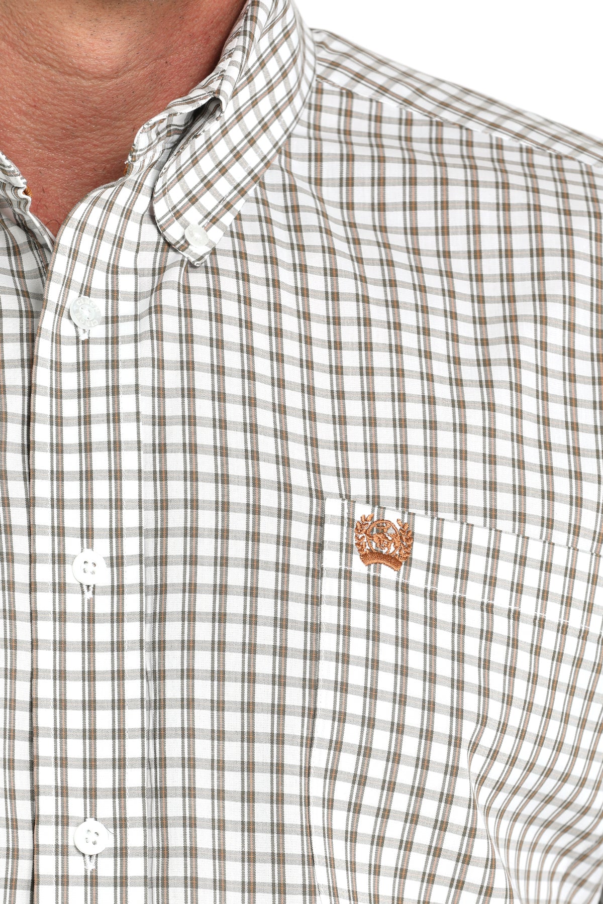 Close-up of a man wearing a white plaid long sleeve button-down