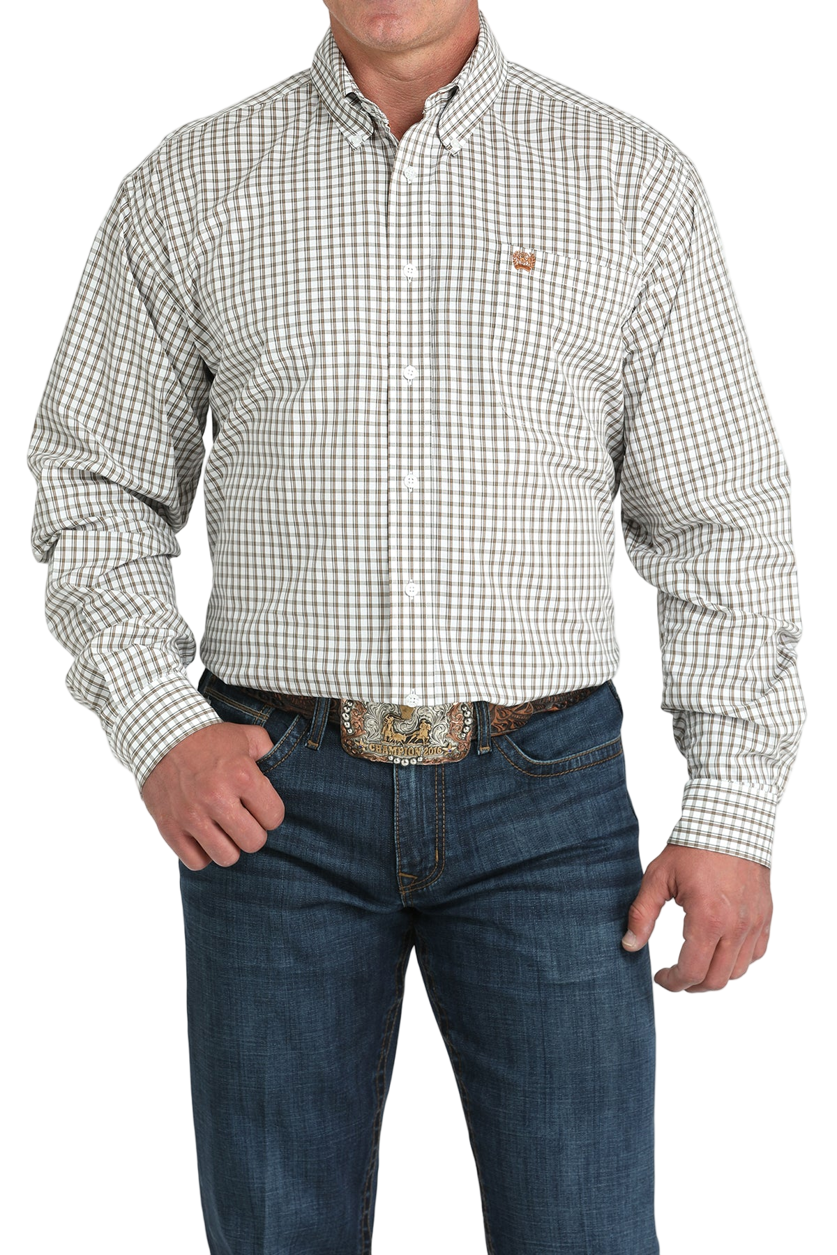 Man wearing a patterned white long sleeve button-down shirt and jeans on a transparent background