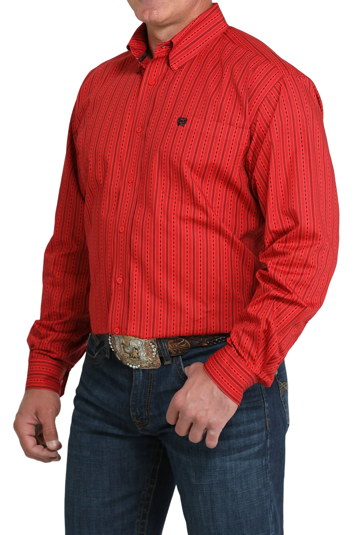 A man wearing a red striped button-up shirt, dark jeans, and a large belt buckle, standing against a transparent background