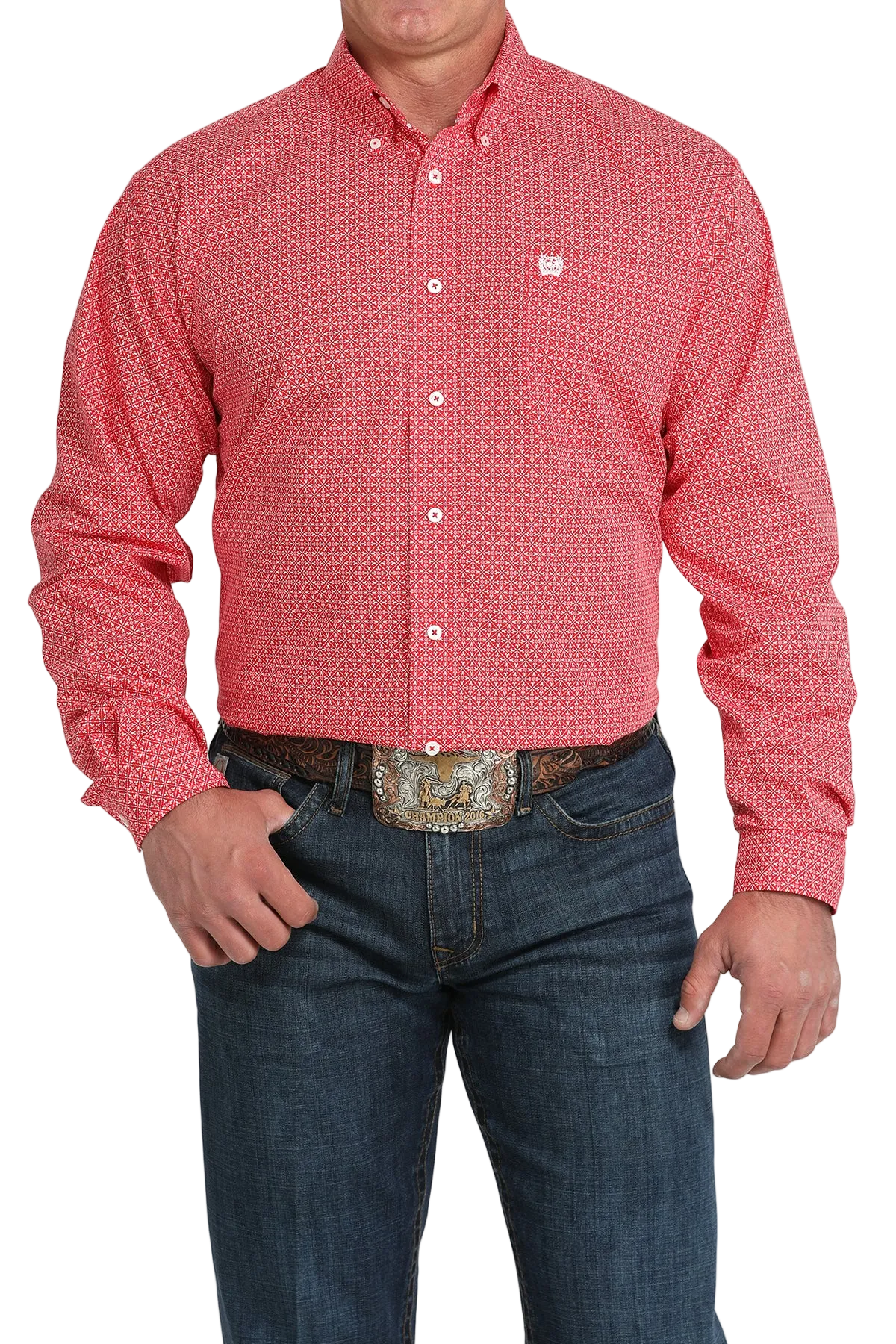 A man wearing a red patterned button-up shirt, dark jeans, and a large belt buckle, standing against a transparent background