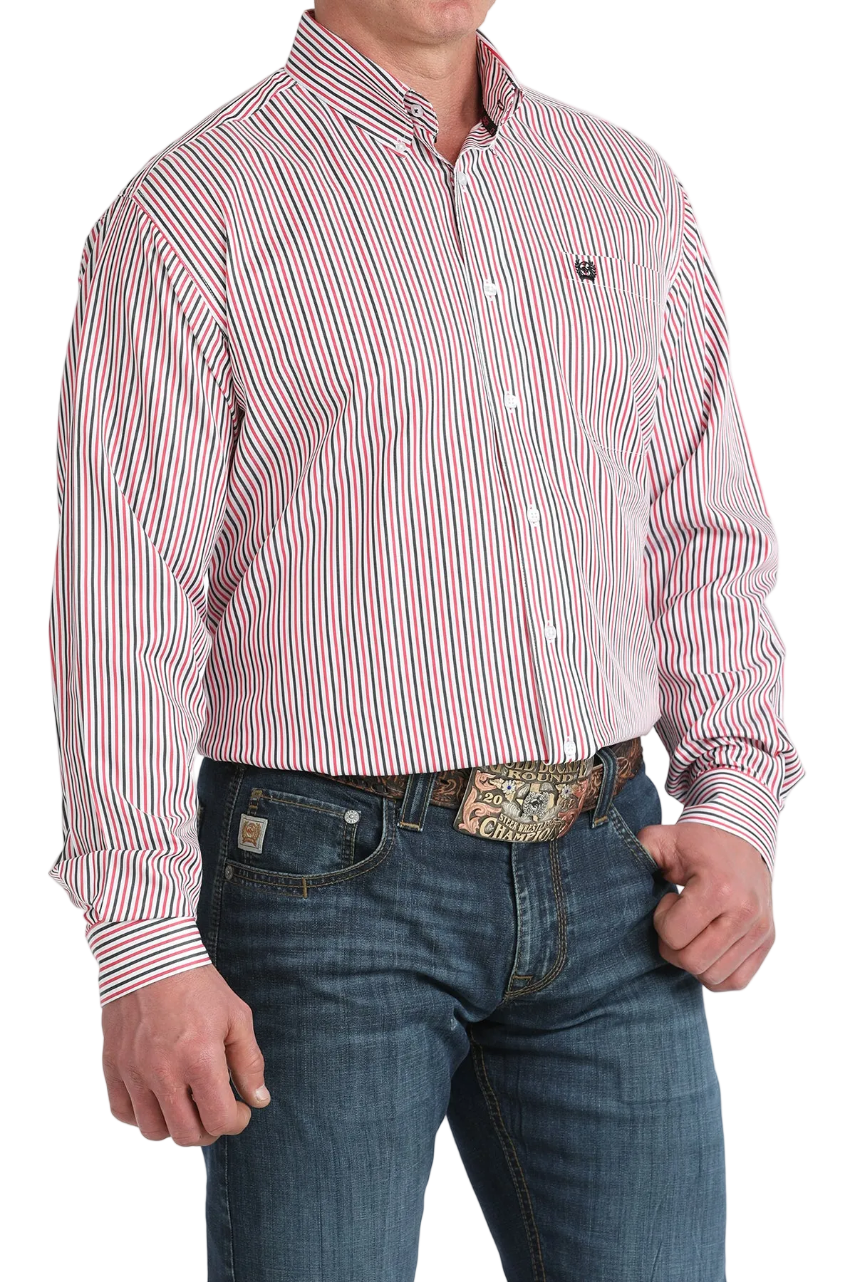 Man wearing a red and white striped shirt with blue jeans on a white background