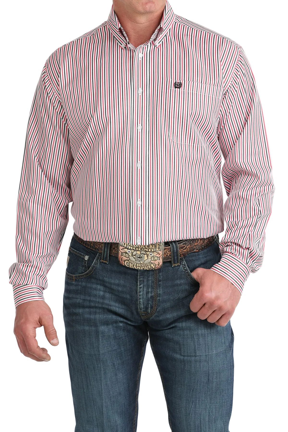 Man wearing a red and white striped shirt with blue jeans on a white background