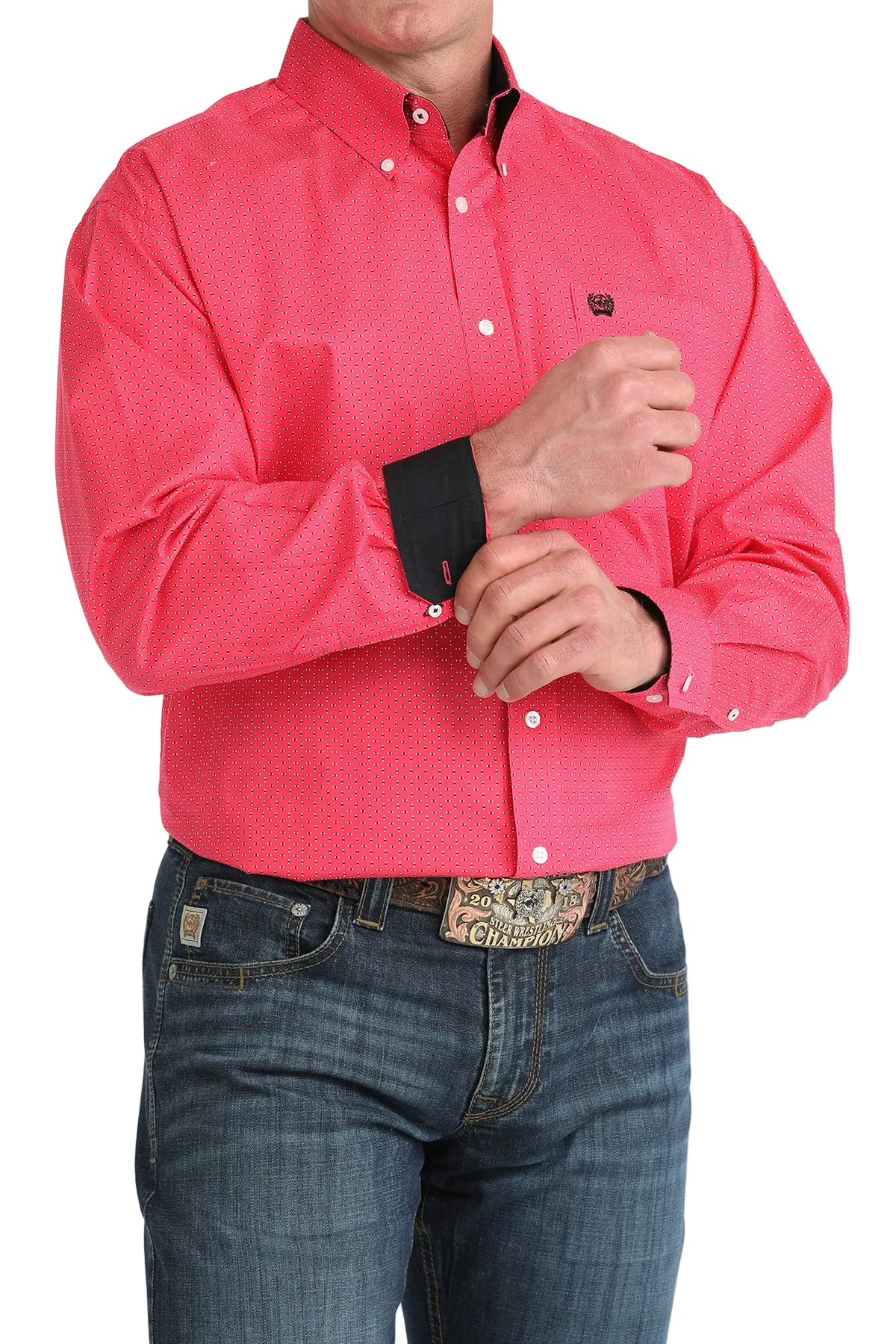 Person wearing a bright pink shirt and blue jeans with a belt buckle, on a white background